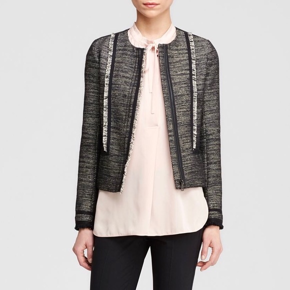Vince Jackets & Blazers - Vince Tweed Fringe Leather Trim Boucle Jacket